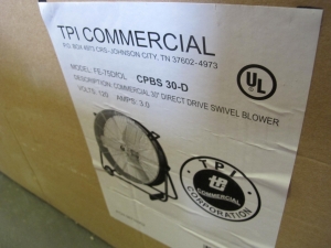 TPI COMMERCIAL FAN BLOWER, 30" MODEL # FE-75DFOL --OR-- CPBS-30-D. LOADING & HANDLING FEE $15-4055